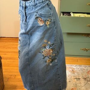 Floral Embroidered Embellished Denim Midi Skirt